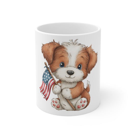 Cute Patriotic Puppy Holding Flag Mug – 4th of July Dog Coffee Mug – Red White Blue Puppy Cup – Americana Pet Lover Gift Patriotic Puppy 11oz Mug – Cute Dog Holding American Flag Coffee Cup