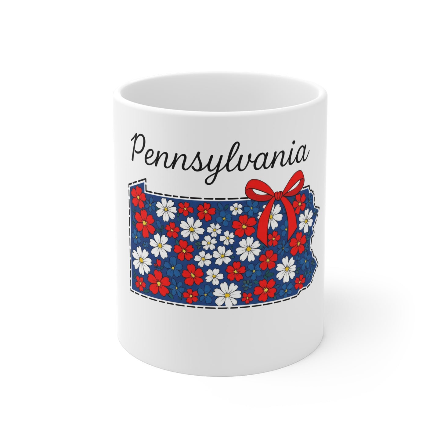 Pennsylvania Floral State Outline Mug — Red, White & Blue Daisy Coffee Cup