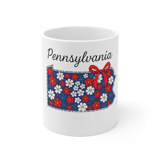 Pennsylvania Floral State Outline Mug — Red, White & Blue Daisy Coffee Cup
