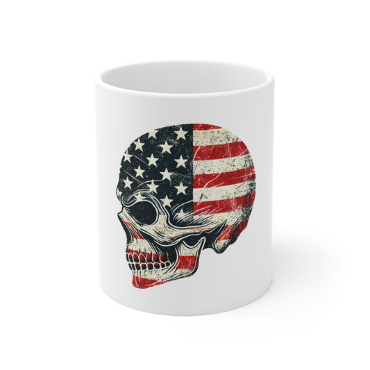 Patriotic Skull Side Profile Mug – Distressed American Flag Skull Coffee Cup – Vintage USA Freedom Design Mug 11oz