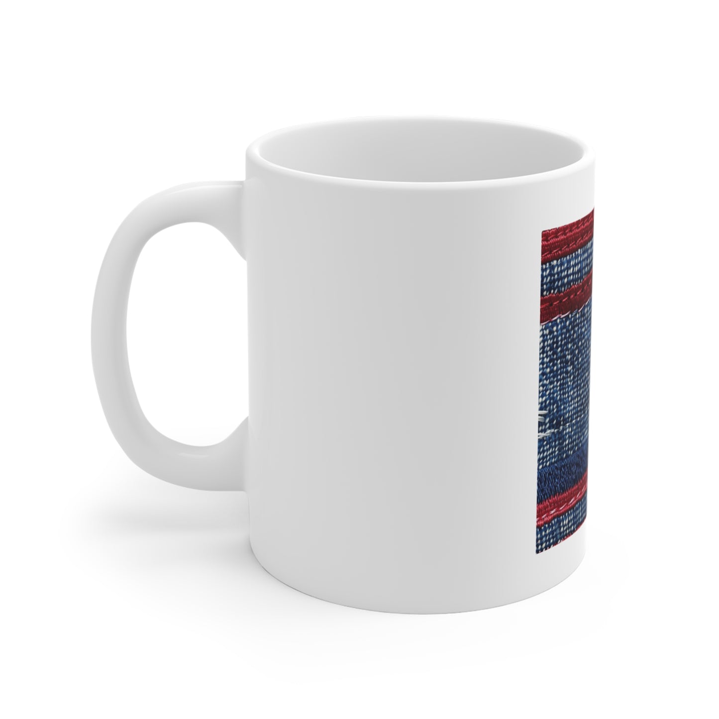 Denim American Flag Coffee Mug – Patchwork Stitch Patriotic Mug – Vintage Jeans USA Flag Design Cup – Rustic Americana Gift American Denim Flag Mug – 11oz Patriotic Coffee Cup