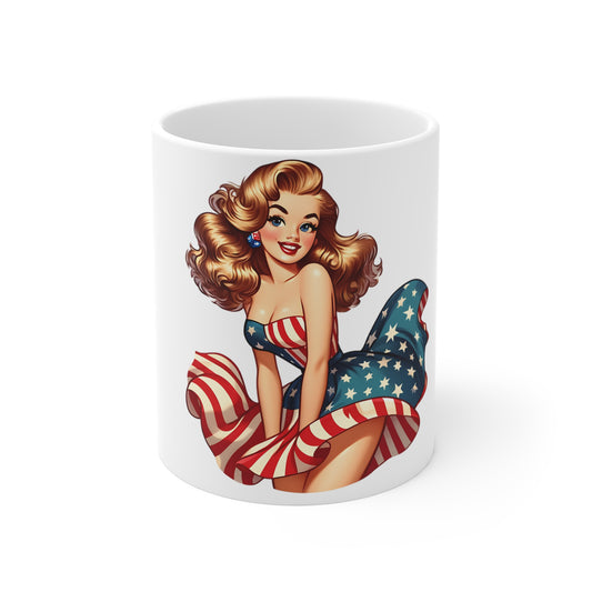 Patriotic Pin-Up Beauty Mug – Vintage Americana Woman Coffee Mug – Retro USA Flag Dress Cup – Classic American Girl Mug – Fourth of July Gift Patriotic Pin-Up Coffee Mug – American Flag Retro 11oz...