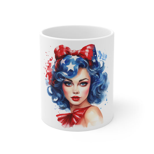 Patriotic Pin Up Portrait Mug – Americana Watercolor Woman Coffee Mug – Red White Blue Beauty Art Cup – Vintage Style USA Mug – Gift for Her Patriotic Pin-Up Girl Mug — 11oz Americana Star-Spangled...