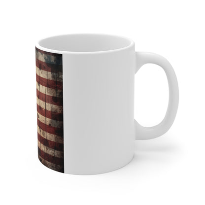 Distressed American Flag Coffee Mug – Drip Grunge USA Mug – Dark Patriotic Mug – Rugged Americana Gift 11oz