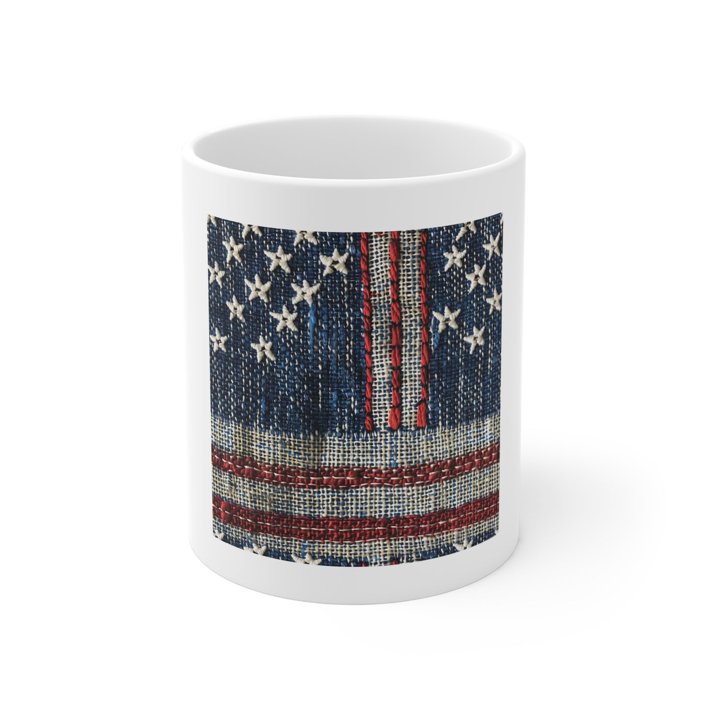 American Flag Fabric Coffee Mug – Woven Patriotic Mug – USA Textile Flag Cup – Rustic USA Americana Gift – Vintage Style Mug 11oz Ceramic