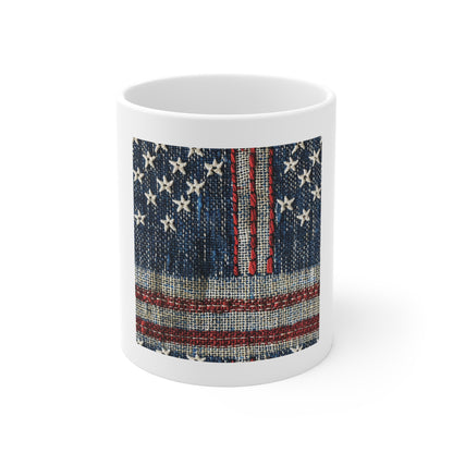 American Flag Fabric Coffee Mug – Woven Patriotic Mug – USA Textile Flag Cup – Rustic USA Americana Gift – Vintage Style Mug 11oz Ceramic