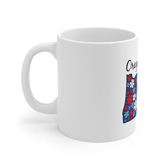Oregon Floral State Map 11oz Coffee Mug — Red, White & Blue Daisy Gift