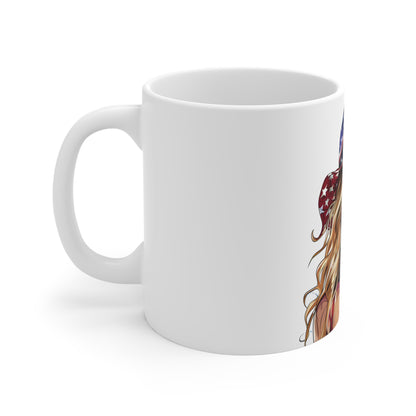 Patriotic Star-Spangled Cowgirl Coffee Mug – USA Flag Hat Portrait Mug – Bold Americana Woman Art Cup – 4th of July Gift Mug 11oz