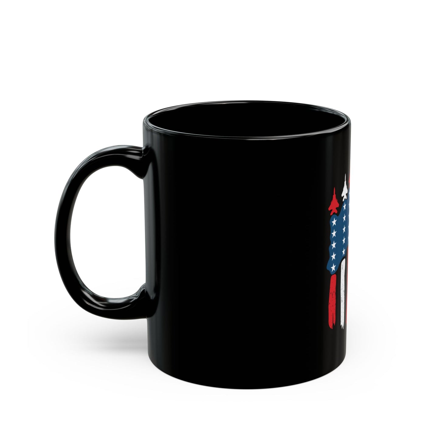 Patriotic Fighter Jet Flag Mug – USA Air Force Inspired Coffee Mug – Red White Blue Jet Formation Cup – Military Aviation Gift Black Mug (11oz, 15oz)