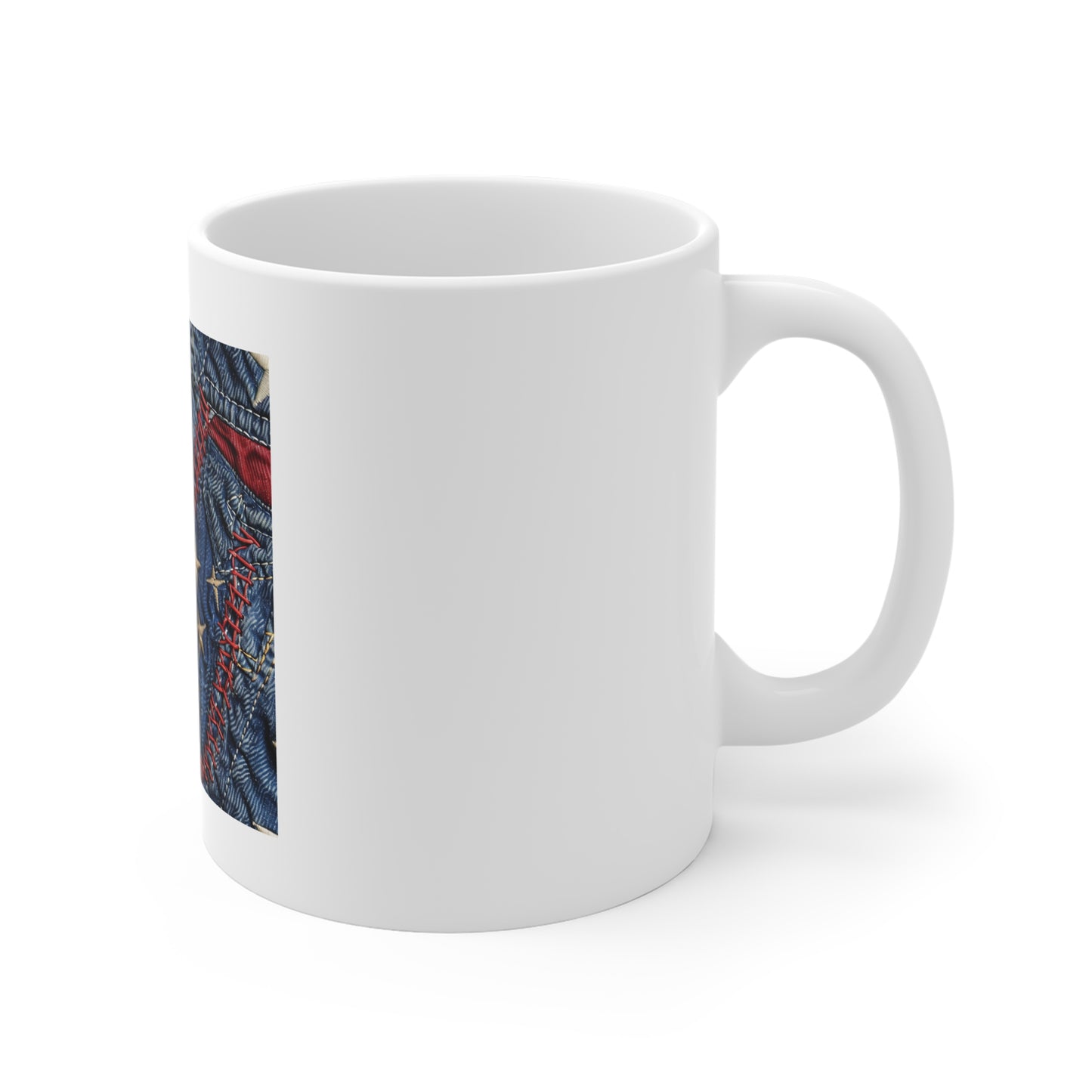 Distressed Denim American Flag Coffee Mug – Embroidered Stars & Stitched Patchwork USA Mug – Rugged Patriotic Jeans Design CupAmerican Flag Denim Patch Mug — Patriotic 11oz Coffee Cup