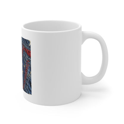 Distressed Denim American Flag Coffee Mug – Embroidered Stars & Stitched Patchwork USA Mug – Rugged Patriotic Jeans Design CupAmerican Flag Denim Patch Mug — Patriotic 11oz Coffee Cup