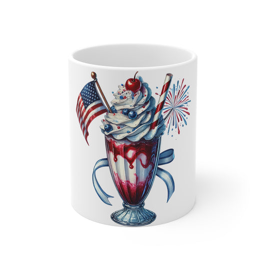 Patriotic Cherry Milkshake Coffee Mug – 4th of July Fireworks Dessert Mug – Red White Blue Americana Drink Cup – Festive Summer Celebration Mug 11oz Patriotic Milkshake Mug – American Flag Fourth of...