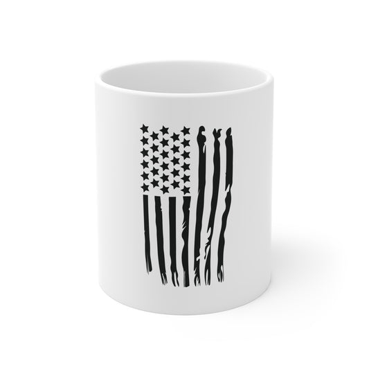 Black Vertical Melted American Flag Coffee Mug – Distressed USA Flag Mug – Stealth Patriotic Cup – Modern Americana Gift Mug 11oz