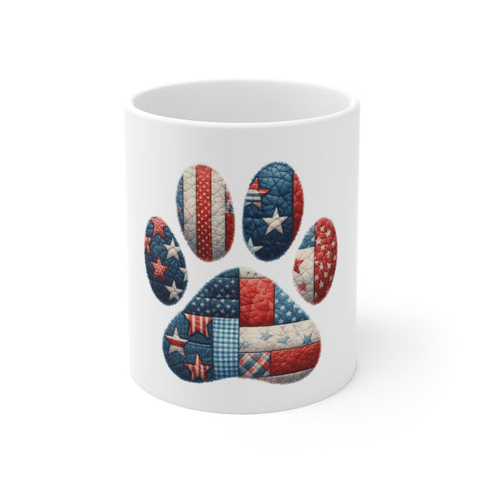 Vintage Americana Patchwork Dog Paw Coffee Mug – Rustic Red White Blue Quilt Paw Print Mug – Patriotic Dog Lover Gift – USA Heritage Mug American Flag Paw Print Mug — Patriotic Pet Lover 11oz Coffee...
