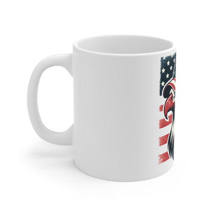 Patriotic Eagle Trucker Hat Coffee Mug – American Flag Bald Eagle Mug – USA Freedom Bird Cup – Vintage Distressed Americana Gift Mug 11oz