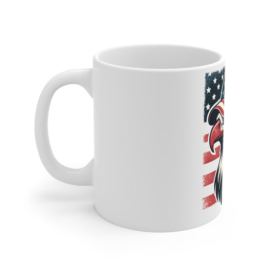 Patriotic Eagle Trucker Hat Coffee Mug – American Flag Bald Eagle Mug – USA Freedom Bird Cup – Vintage Distressed Americana Gift Mug 11oz