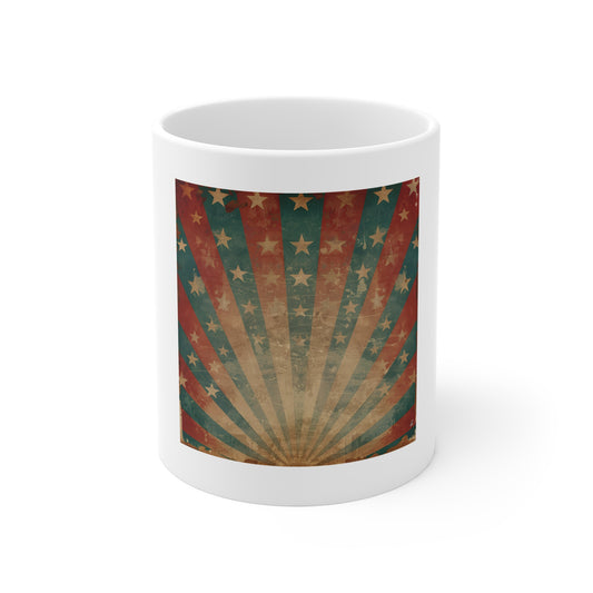 Vintage Americana Starburst Coffee Mug – Retro Patriotic Rays Mug – Distressed USA Star Pattern Cup – Classic Americana Gift Vintage Starburst 11oz Coffee Mug - Patriotic Retro Design