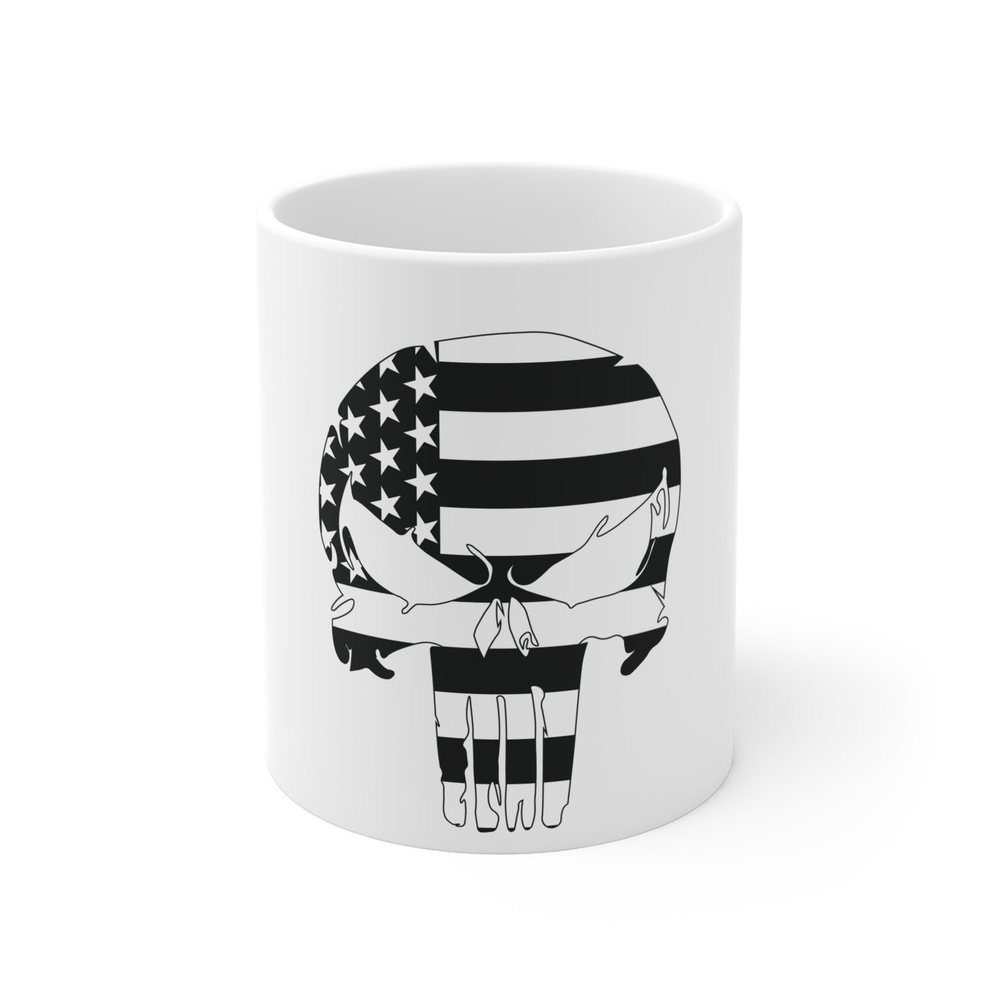 Bold American Flag Skull Mug – Black & White USA Skull Coffee Mug – Patriotic Tactical Skull Cup – High Contrast Americana Mug Mug 11oz