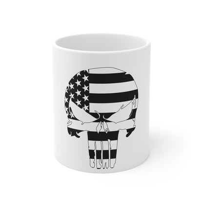 Bold American Flag Skull Mug – Black & White USA Skull Coffee Mug – Patriotic Tactical Skull Cup – High Contrast Americana Mug Mug 11oz
