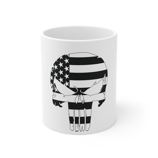 Bold American Flag Skull Mug – Black & White USA Skull Coffee Mug – Patriotic Tactical Skull Cup – High Contrast Americana Mug Mug 11oz