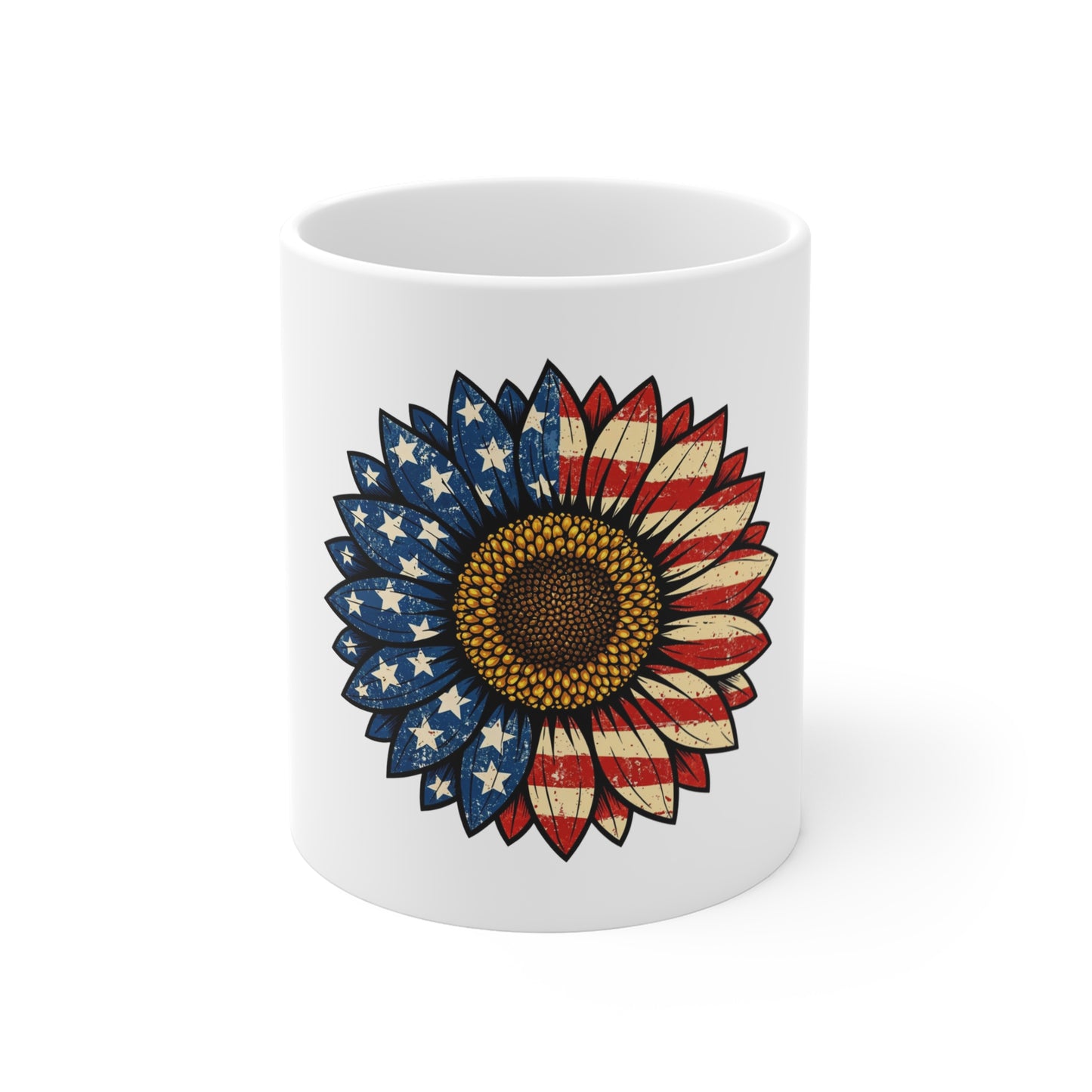 American Flag Sunflower Mug - Patriotic 11oz Coffee Cup