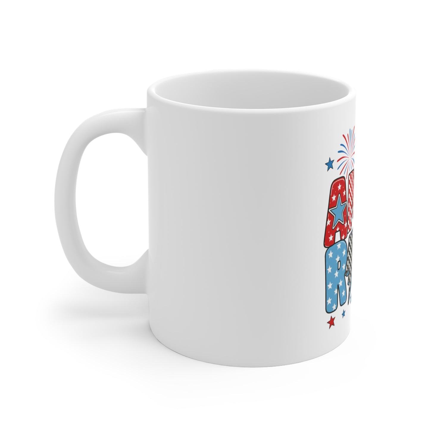 America USA Patriotic 11oz Coffee Mug — Red White Blue Stars & Fireworks
