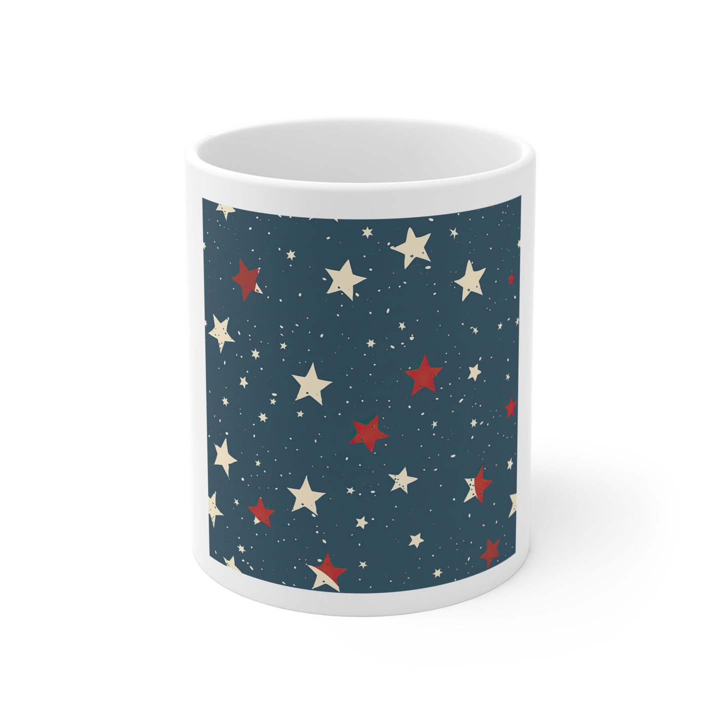 Patriotic Starfield Coffee Mug – Minimal Americana Night Sky Mug – Red White Blue Star Scatter Cup – Subtle USA Pattern Mug Patriotic Star Pattern Mug — Vintage Red White Blue 11oz Coffee Cup