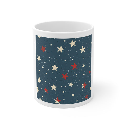 Patriotic Starfield Coffee Mug – Minimal Americana Night Sky Mug – Red White Blue Star Scatter Cup – Subtle USA Pattern Mug Patriotic Star Pattern Mug — Vintage Red White Blue 11oz Coffee Cup
