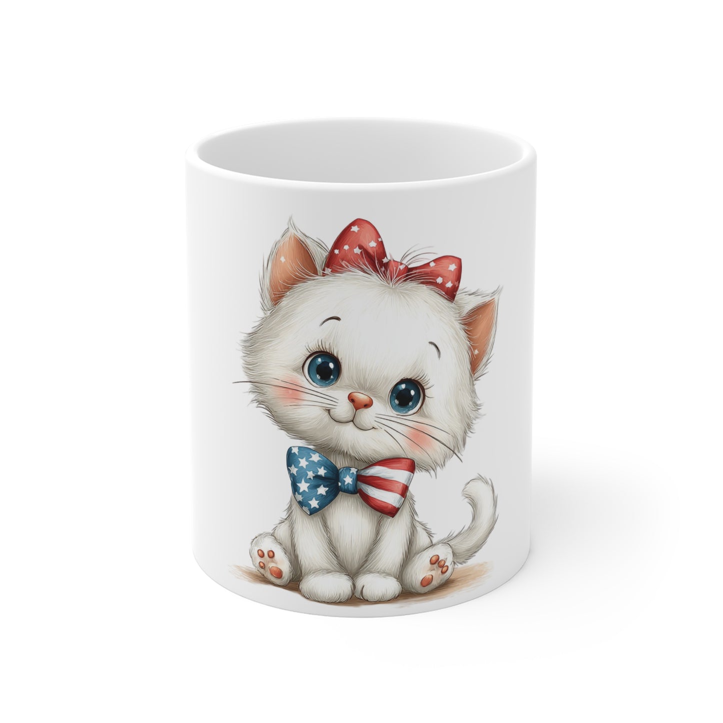 Patriotic Kitten with Bow Tie Mug – Cute USA Cat Coffee Mug – Americana Bow Tie Cat Mug – 4th of July Cat Lover Gift Patriotic Kitty Mug — Cute Cat with USA Bow Tie (11oz)