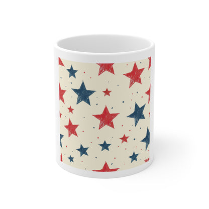 Hand-Drawn Patriotic Stars Coffee Mug – Vintage Sketch Star Mug – Rustic Americana Star Pattern Cup – Red Blue Artistic Stars Mug Patriotic Red & Blue Star 11oz Coffee Mug - Americana Fourth of July...