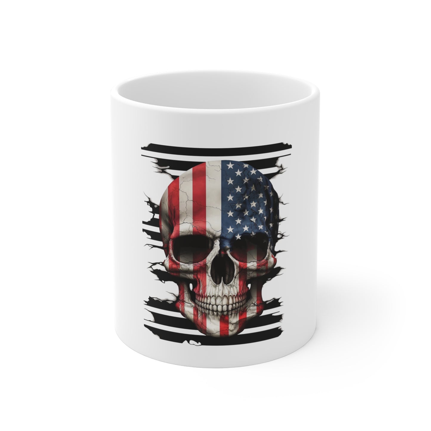 American Flag Skull Mug — Patriotic Skull Coffee Cup (11oz)