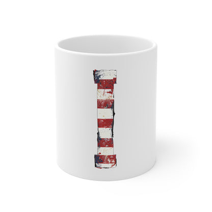 Patriotic Letter I Coffee Mug – American Flag Initial Mug – Rustic USA Monogram Mug – Vintage Americana Alphabet Gift Mug 11oz