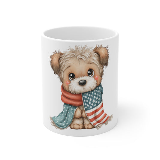 Cute Patriotic Puppy Scarf Mug – 4th of July Dog Coffee Mug – Americana Puppy Wrapped in Flag Scarf Cup – Red White Blue Pet Lover Gift Patriotic Puppy Mug — Cute Dog with American Flag Scarf 11oz...