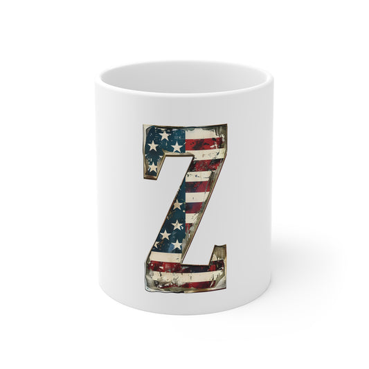 Patriotic Letter Z Coffee Mug – American Flag Initial Mug – Distressed USA Monogram Mug – Vintage Americana Alphabet Gift Mug 11oz