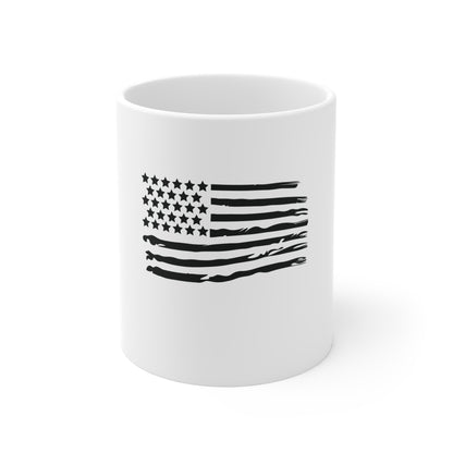 Blacked-Out Classic American Flag Coffee Mug – Distressed USA Flag Mug – Stealth Patriotic Cup – Minimalist Horizontal Flag Design Mug 11oz