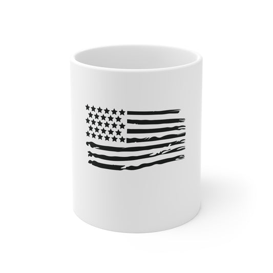 Blacked-Out Classic American Flag Coffee Mug – Distressed USA Flag Mug – Stealth Patriotic Cup – Minimalist Horizontal Flag Design Mug 11oz