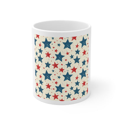 Vintage Star Pattern Coffee Mug – Red White Blue Distressed Stars Mug – Patriotic Rustic Star Cup – Americana Vintage Style Mug Patriotic Red White Blue Star Pattern 11oz Ceramic Mug – Fourth of July...