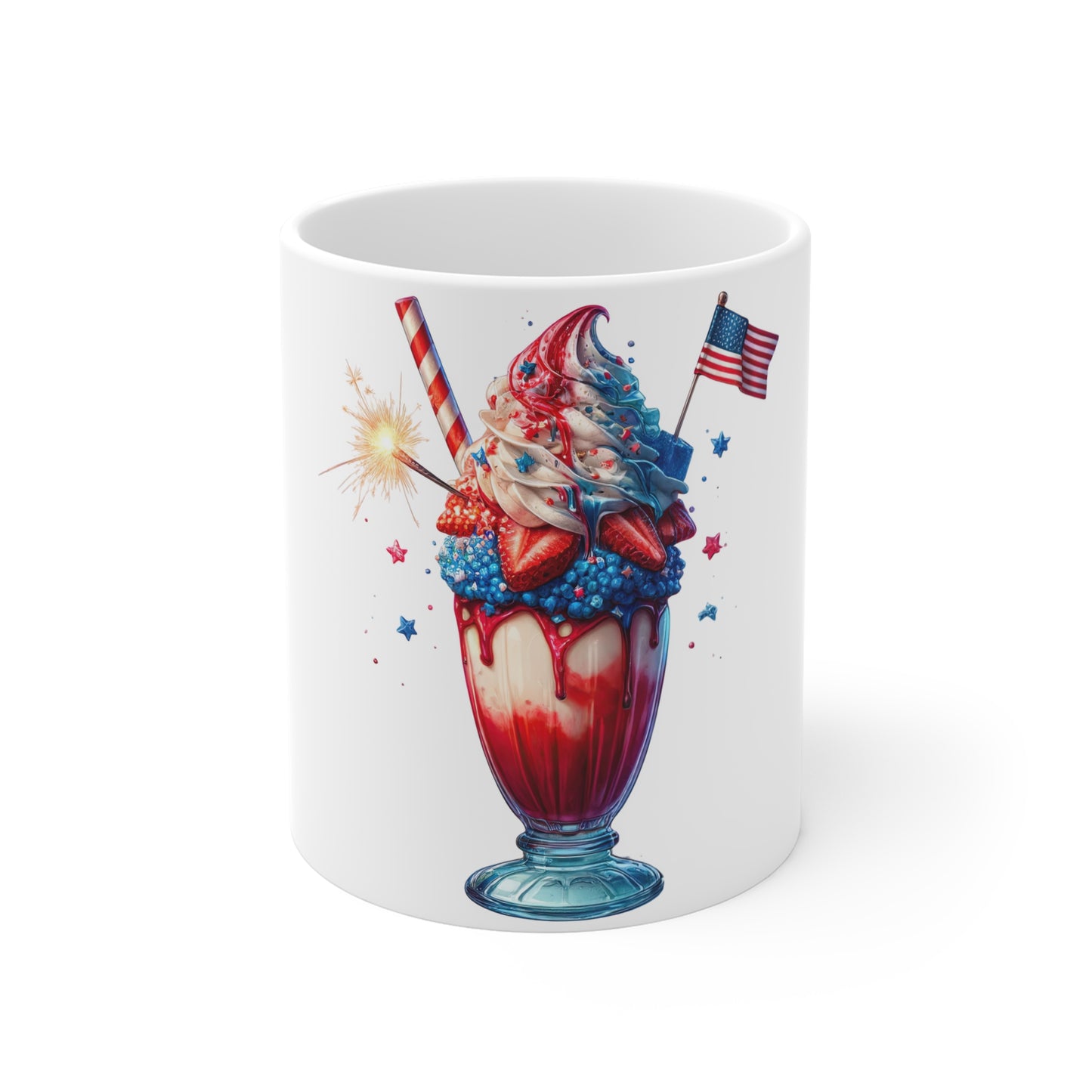 Patriotic Strawberry Milkshake Coffee Mug – 4th of July Sparkler Mug – Red White Blue Dessert Cup – Americana Berry Treat Mug – Festive Gift Mug