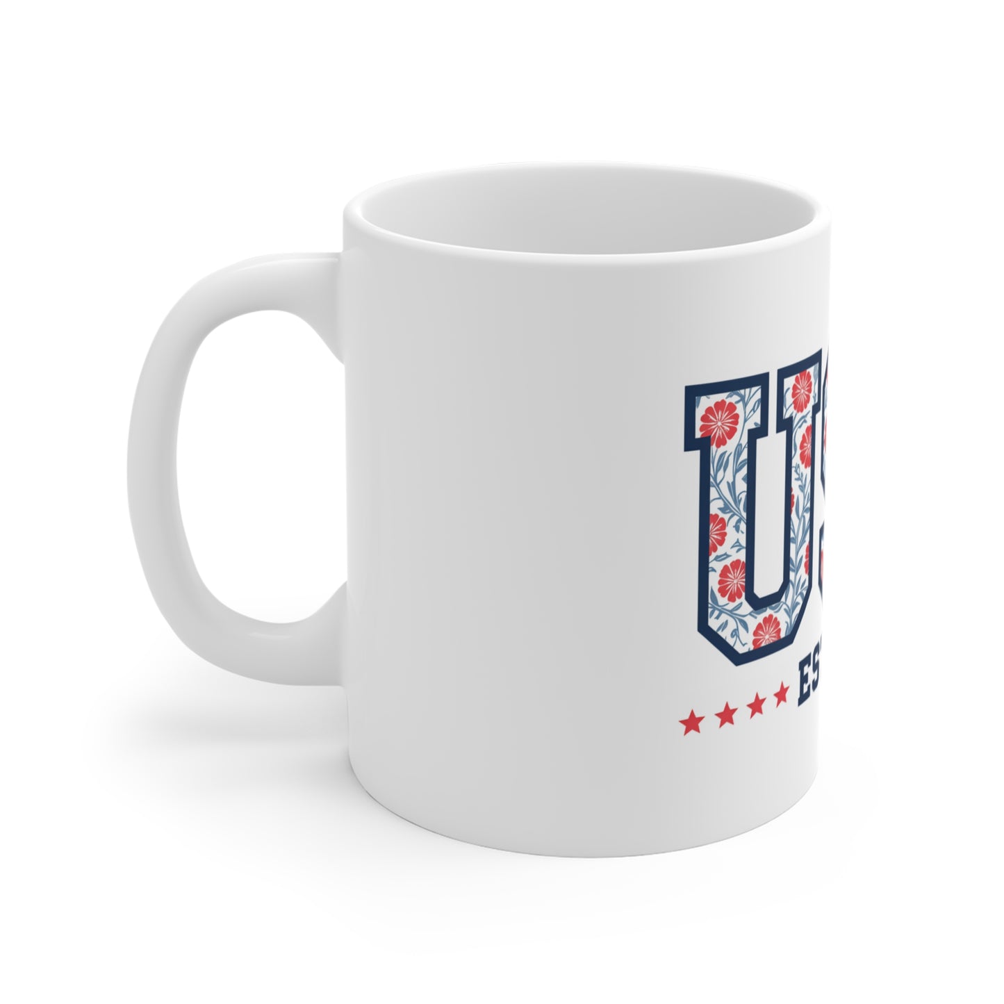 USA Floral Pattern Mug — EST. 1776 Patriotic Coffee Cup