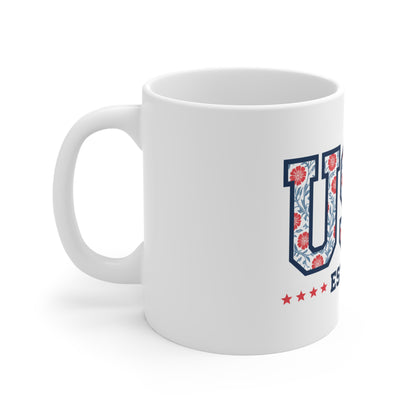 USA Floral Pattern Mug — EST. 1776 Patriotic Coffee Cup
