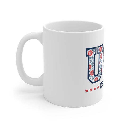 USA Floral Pattern Mug — EST. 1776 Patriotic Coffee Cup