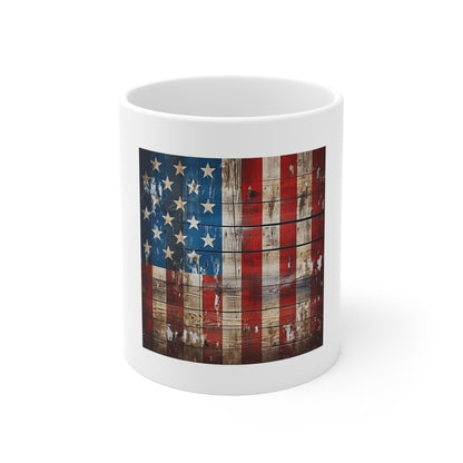 Patchwork American Flag Wood Coffee Mug – Distressed Panel USA Flag Mug – Rustic Mixed Wood Patriotic Cup – Vintage Americana Gift American Flag Rustic Wood 11oz Mug — Patriotic USA Coffee Cup for...