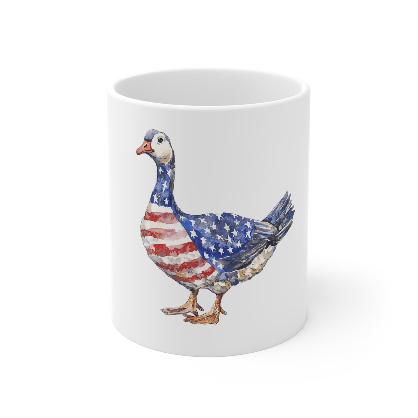 Patriotic Goose Mug — American Flag Watercolor 11oz Coffee Cup