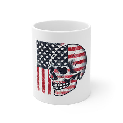 American Flag Skull & Torn Banner Mug – Patriotic Skull Coffee Cup – Distressed USA Freedom Flag Design Mug 11oz