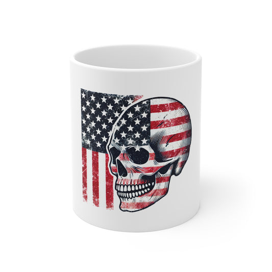 American Flag Skull & Torn Banner Mug – Patriotic Skull Coffee Cup – Distressed USA Freedom Flag Design Mug 11oz