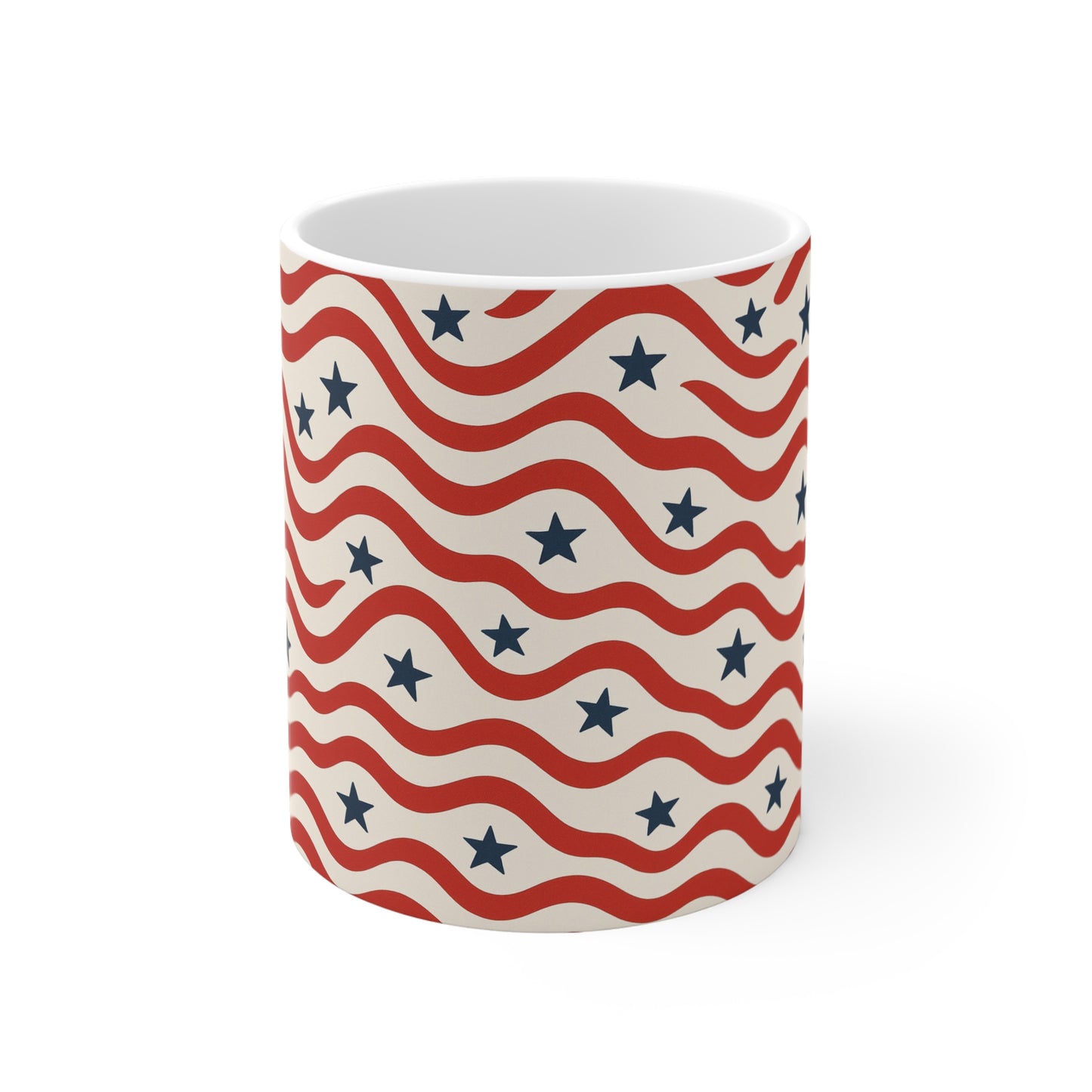 Wavy American Flag Coffee Mug – Modern Patriotic Stripe Mug – Red White Blue Wave Pattern Mug – Minimal USA Design11oz