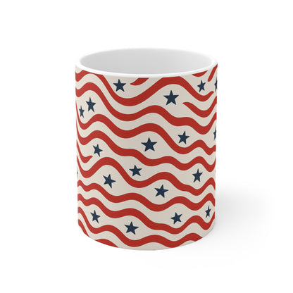Wavy American Flag Coffee Mug – Modern Patriotic Stripe Mug – Red White Blue Wave Pattern Mug – Minimal USA Design11oz