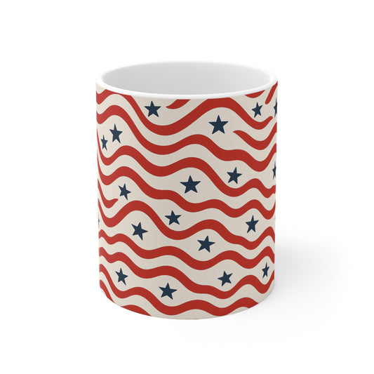 Wavy American Flag Coffee Mug – Modern Patriotic Stripe Mug – Red White Blue Wave Pattern Mug – Minimal USA Design11oz