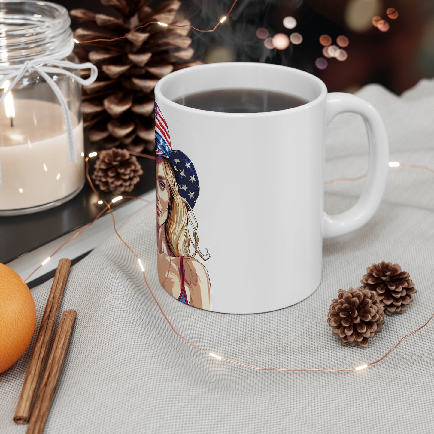 Patriotic Star-Spangled Cowgirl Coffee Mug – USA Flag Hat Portrait Mug – Bold Americana Woman Art Cup – 4th of July Gift Mug 11oz