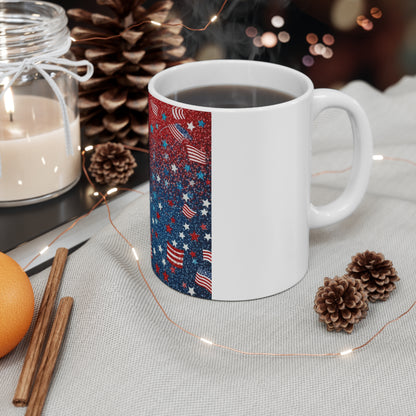 Patriotic Confetti Flag Coffee Mug – Red White Blue Glitter Mug – Mini American Flags Starburst Cup – Festive USA Celebration Mug 11oz Mug - Patriotic Red White Blue Confetti with American Flags (...
